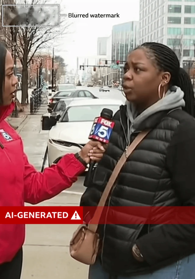 A woen speaking to a reporter in a street. The image, which is AI generated, is labelled with the caption AI-generated.