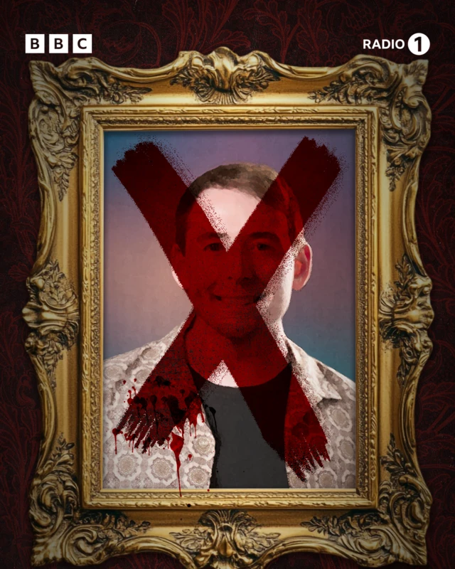 Portrait of James Cusack in a gold, Traitors-style photo frame, with a red cross on his face