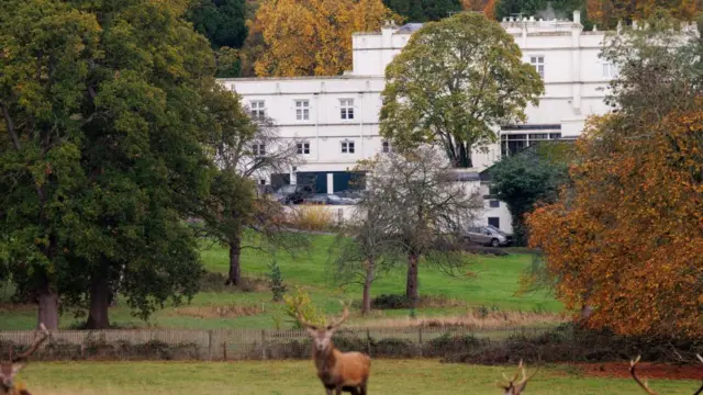 The Royal Lodge is seen at a distance, with deer roaming in a field out front.