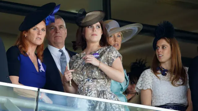 From left to right: Sarah Ferguson, Andrew Mountbatten Windsor, Princess Eugenie and Princess Beatrice watch the racing as they attend Ascot