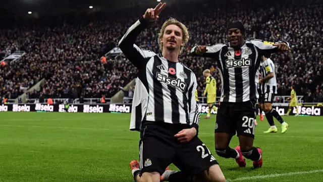 Nick Woltemade celebrates scoring against Tottenham