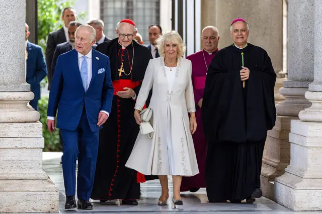 King Charles III (L) and Queen Camilla (R) arrive at St. Paul Basilica Outside The Walls in Rome for an ecumenical Service. An ecumenical joint prayer service in the Vatican's Sistine Chapel made history as King Charles III and Pope Leo XIV prayed together publicly for the first time since the Reformation nearly 500 years ago. Joined by Queen Camilla and the Archbishop of York, the event symbolized renewed unity between the Catholic and Anglican Churches. Centered on the theme of "care for creation," it reflected their shared commitment to environmental stewardship during the Catholic Church's 2025 Jubilee Year.