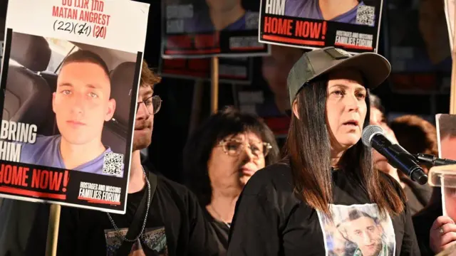 Anat Angrest speaking at a rally in Hostages Square, Tel Aviv on 08 March 2025. She is the mother of Matan Angrest, who is being held hostage in Gaza.