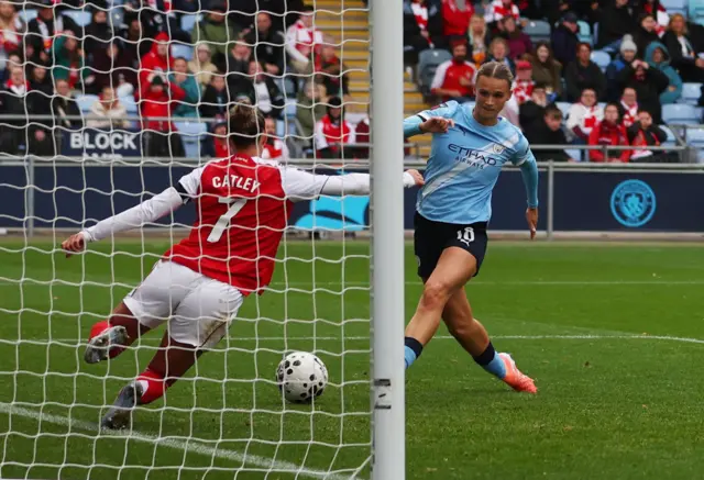 Manchester City's Kerstin Casparij scores their second goal which is later disallowed