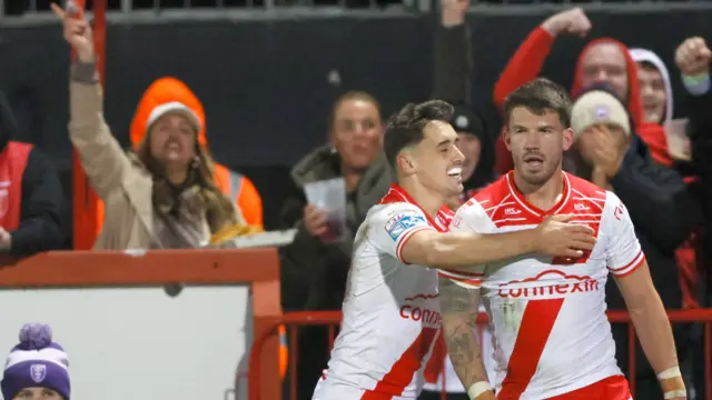 Hull KR celebrate Oliver Gildart's try against St Helens