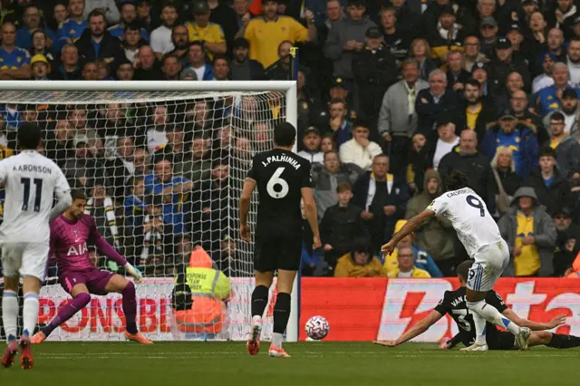 Dominic Calvert-Lewin's low strike is well saved by Guglielmo Vicario