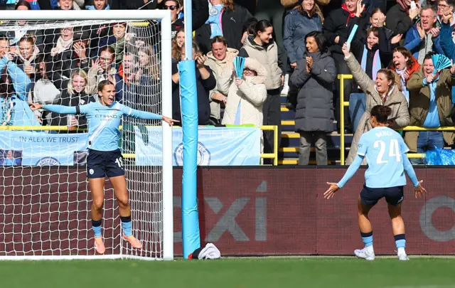 Kerstin Casparij of Manchester City celebrates scoring her team's second goal during the Barclays Women's Super League match between Manchester City and Arsenal at Joie Stadium on October 04, 2025 in Manchester, England.