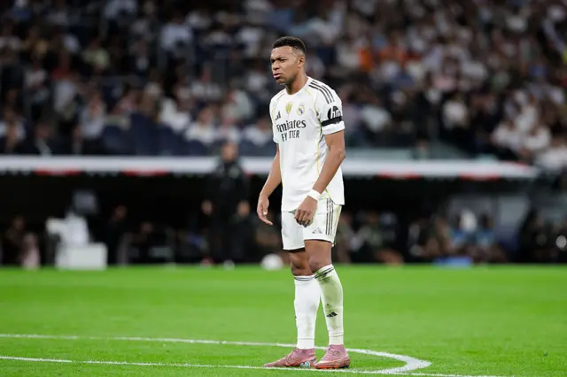 Kylian Mbappe of Real Madrid reacts to a missed opportunity