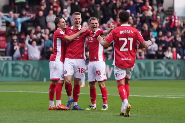 Bristol City's Emil Riis Jakobsen (2nd left) celebrates