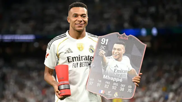 Kylian Mbappe of Real Madrid poses for a photo with his Player of the Month award