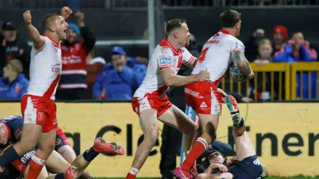Hull KR celebrate Oliver Gildart's try against St Helens