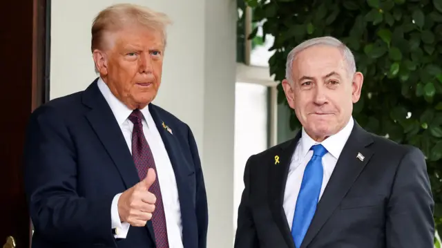 U.S. President Donald Trump gives a thumbs up as he welcomes Israeli Prime Minister Benjamin Netanyahu at the White House in Washington, D.C., U.S., September 29, 2025.