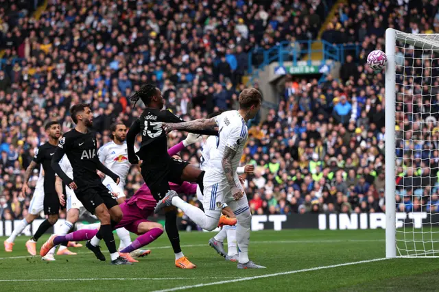 Joe Rodon makes a run and smashes a header against the woodwork.