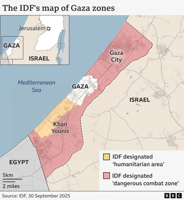A map from the IDF which shows in red which part of the Palestinian territory the IDF deems a "humanitarian zone" and which it has designated as a "dangerous combat zone!