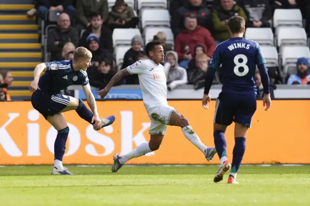 Leicester City's Jordan James (left) scores