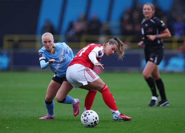 Manchester City's Laura Blindkilde Brown in action with Arsenal's Victoria Pelova