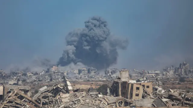 Smoke billows after Israeli airstrikes on Gaza City as seen from the northwest of Nuseirat refugee camp, Gaza Strip, 02 October 2025