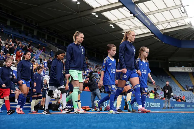 Janice Cayman of Leicester City leads the team out prior to the Barclays Women's Super League match between Leicester City and Everton at The King Power Stadium on October 05, 2025 in Leicester, England.