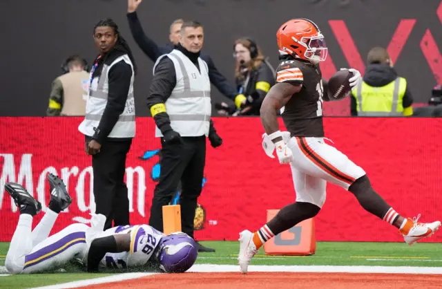 Cleveland Browns running back Quinshon Judkins runs in a touchdown against the Minnesota Vikings but the play was called back for a penalty