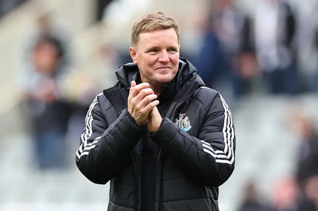 Eddie Howe the head coach / manager of Newcastle United applauds the fans