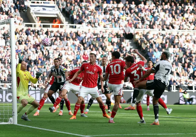 Matz Sels of Nottingham Forest makes a save from Joelinton