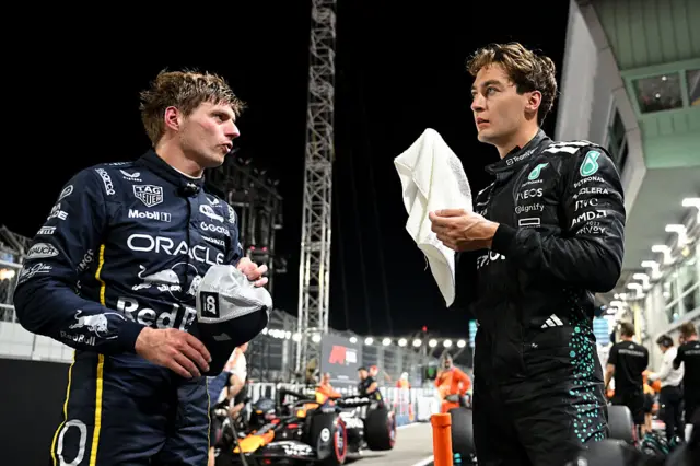 Max Verstappen and George Russell chat after qualifying