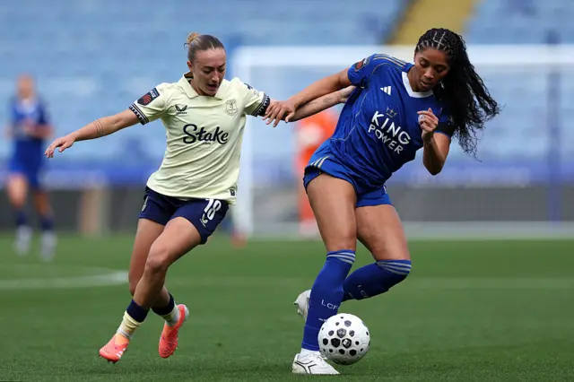 Chantelle Swaby of Leicester City is challenged by Ornella Vignola of Everton during the Barclays Women's Super League match between Leicester City and Everton at The King Power Stadium on October 05, 2025 in Leicester, England.