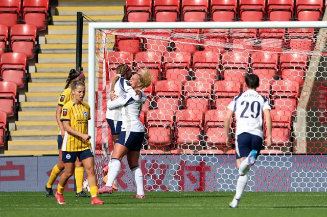 Cathinka Tandberg of Tottenham Hotspur celebrates scoring her team's first goal with teammates during the Barclays Women's Super League match between Tottenham Hotspur and Brighton & Hove Albion at BetWright Stadium on October 05, 2025 in London, England.