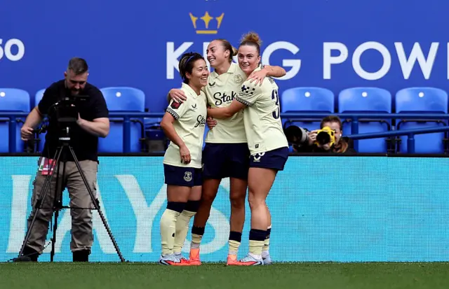 Ornella Vignola of Everton celebrates scoring her team's first goal with teammates during the Barclays Women's Super League match between Leicester City and Everton at The King Power Stadium on October 05, 2025 in Leicester, England.