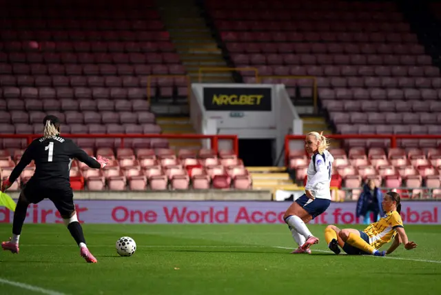 Cathinka Tandberg of Tottenham Hotspur scores her team's first goal during the Barclays Women's Super League match between Tottenham Hotspur and Brighton & Hove Albion at BetWright Stadium on October 05, 2025 in London, England.