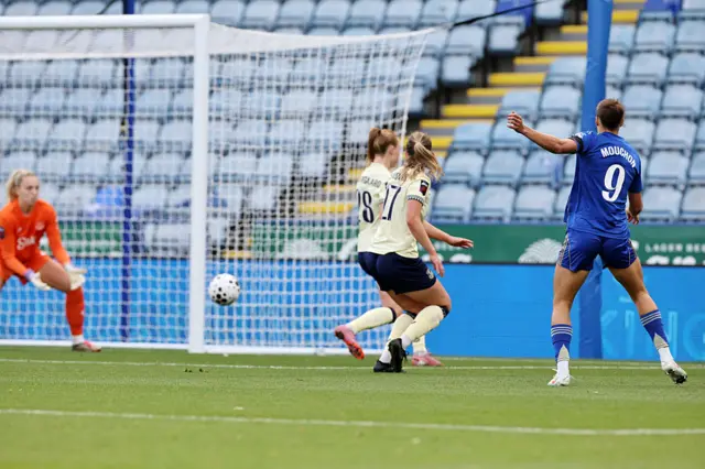 Noemie Mouchon of Leicester City Women scores to make it 1-1 during the Barclays Women's Super League match between Leicester City Women and Everton Women at King Power Stadium on October 5, 2025 in Leicester, England.