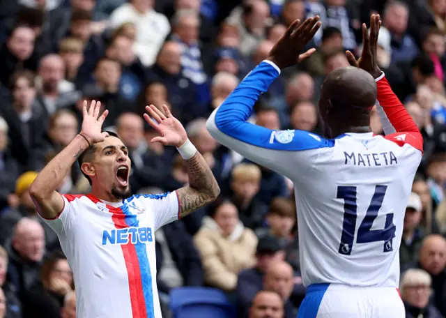 Daniel Munoz of Crystal Palace celebrates scoring his team's first goal with teammate Jean-Philippe Mateta
