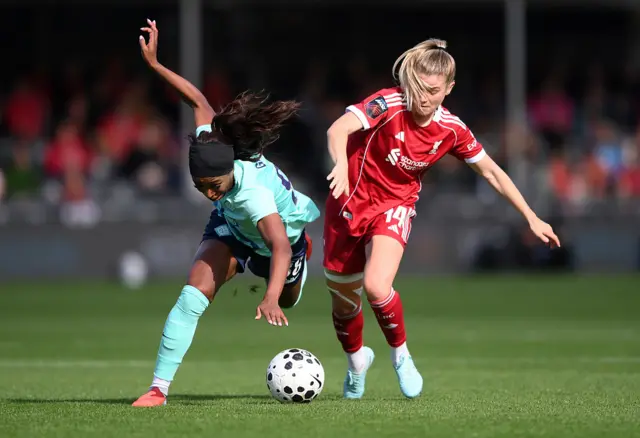 Grace Geyoro of London City Lionesses is challenged by Marie-Therese Hoebinger of Liverpool during the Barclays Women's Super League match between London City Lionesses and Liverpool at Copperjax Community Stadium on October 05, 2025 in Bromley, England.