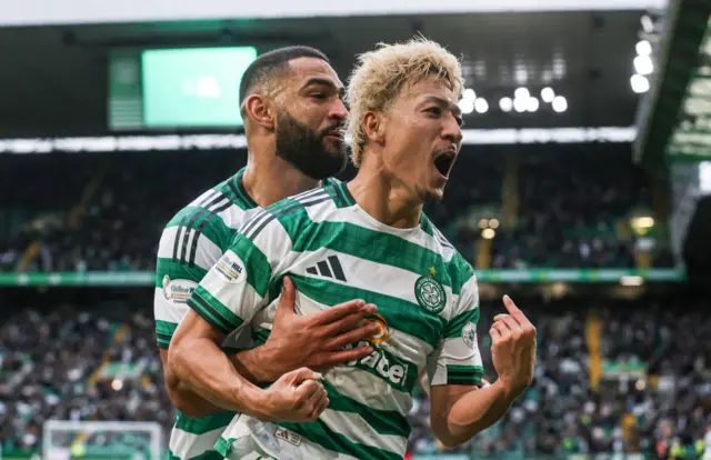 Daizen Maeda celebrates his late winner for Celtic
