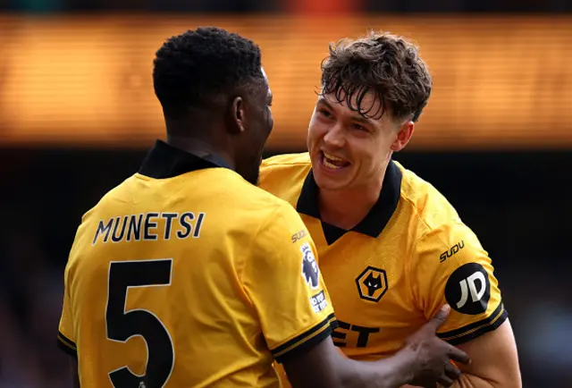 Marshall Munetsi of Wolverhampton Wanderers celebrates with teammate Jorgen Strand Larsen