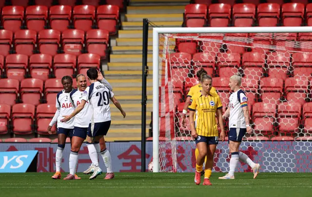 Cathinka Tandberg of Tottenham Hotspur celebrates her team's first goal during the Barclays Women's Super League match between Tottenham Hotspur and Brighton & Hove Albion at BetWright Stadium on October 05, 2025 in London, England.
