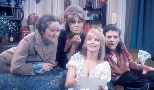 the quartet of girls who share a flat in the series 'Its Awfully Bad For Your Eyes, Darling...' (left to right) Jane Carr who plays Pudding, Joanna Lumley who plays Samantha, Elizabeth Knight who plays Clover and Jennifer Croxton who plays Virginia.