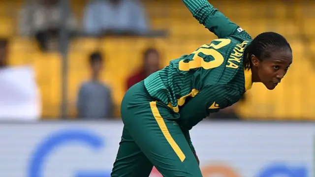 Ayabonga Khaka of South Africa bowls