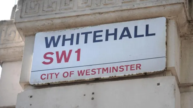 A street sign saying "Whitehall, SW1" - the traditional home of the UK government
