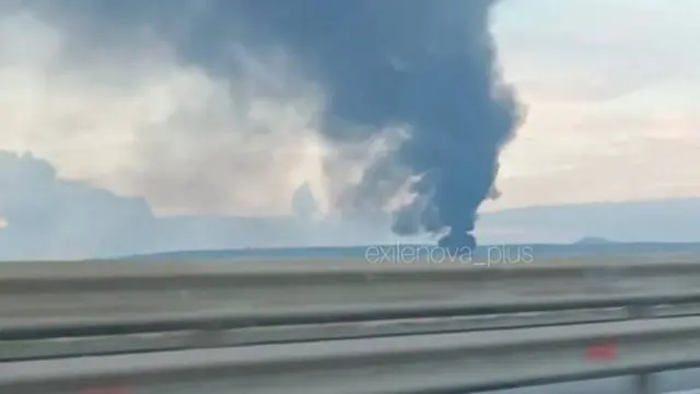 An image showing two plumes of smoke near Feodosia
