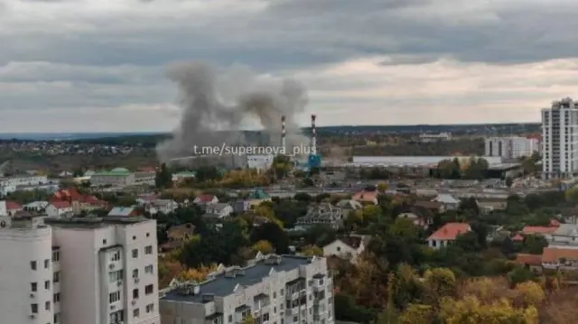 A screengrab from Telegram showing smoke rising during Monday from  the power plant in Belgorod