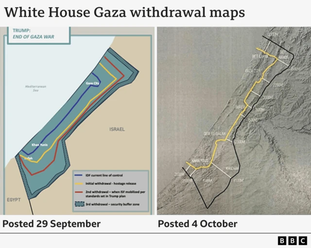 A BBC graphic showing two maps of Gaza shared by the White House which outline where Israeli troops are expected to withdraw to