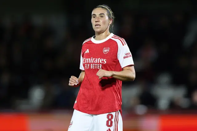 Mariona Caldentey of Arsenal Women looks on during the UEFA Women's Champions League 2025/26 league phase match between Arsenal FC and OL Lyonnes at Meadow Park on October 7, 2025 in Borehamwood, England.