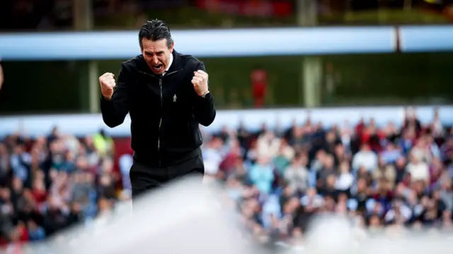 Aston Villa manager Unai Emery celebrates in his technical area