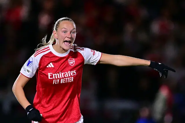 Arsenal's Norwegian midfielder #12 Frida Maanum gestures during the UEFA Women's Champions League, league phase football match between Arsenal and Lyon at Meadow Park, in Borehamwood, north of London on October 7, 2025.