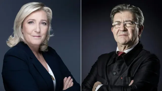Le Pen on the left and Mélenchon on the right. It is a split picture and both have their arms crossed