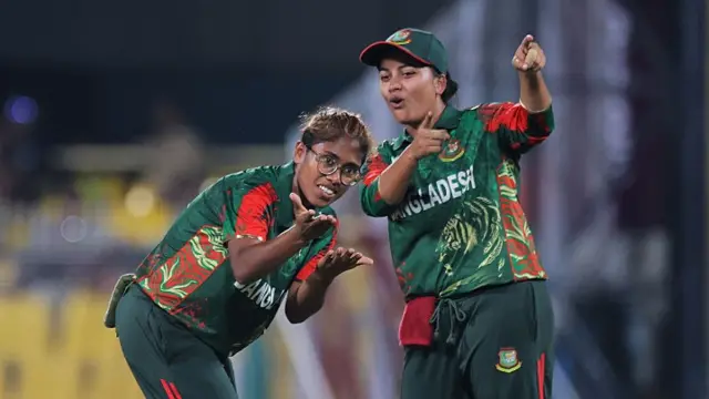 Fahima Khatun of Bangladesh celebrates with team mate Nahida Akter