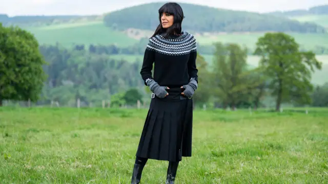 Claudia Winkleman in the Scottish Highlands filming the traitors season three.