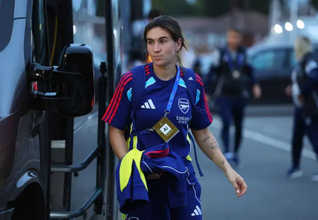 Mariona Caldentey of Arsenal FC arrives at the stadium prior to the UEFA Women's Champions League 2025/26 league phase match between Arsenal FC and OL Lyonnesat Meadow Park on October 07, 2025 in Borehamwood, England.