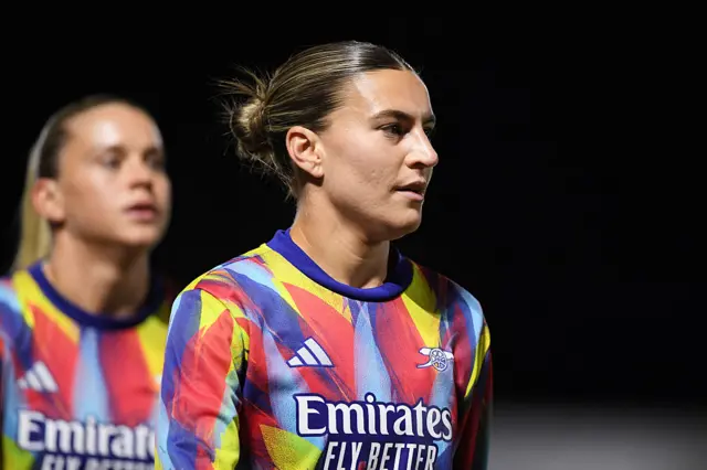 Steph Catley of Arsenal looks on during the warm up prior to the UEFA Women's Champions League 2025/26 league phase match between Arsenal FC and OL Lyonnesat Meadow Park on October 07, 2025 in Borehamwood, England.